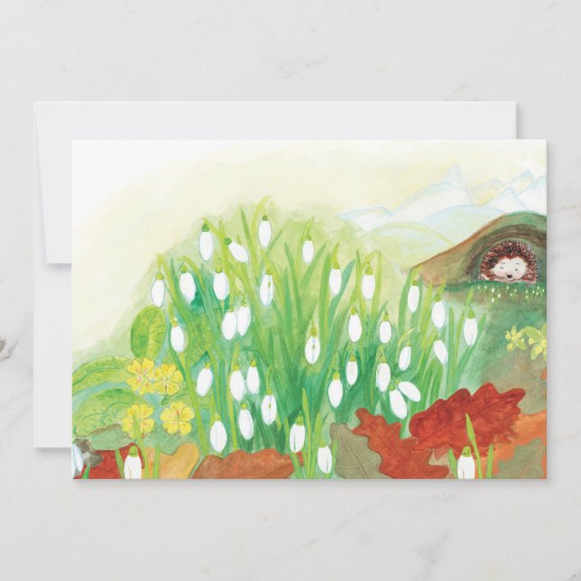 Blooming Snowdrops and a Hedgehog Illustration Holiday Card (Front)