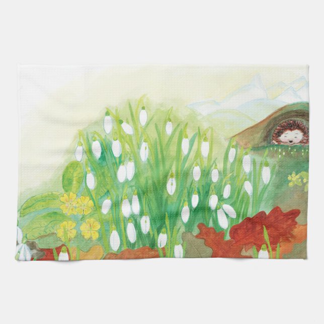 Blooming Snowdrops and a Hedgehog Illustration  Tea Towel (Horizontal)