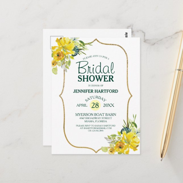 Blooming Spring Yellow Floral Bridal Shower Postcard (Front/Back In Situ)