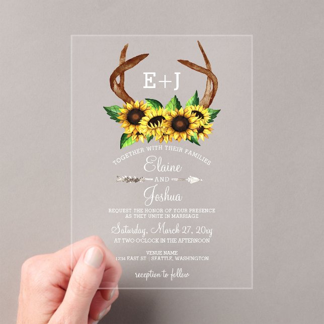 Blooming Sunflowers Antlers Country Chic Wedding Acrylic Invitations (Insitu (Handheld))