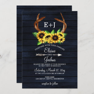 Blooming Sunflowers Antlers Country Chic Wedding Invitation