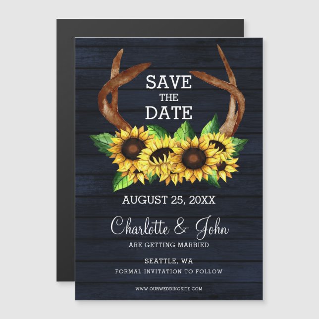 blooming sunflowers antlers country save the date magnetic invitation (Front/Back)