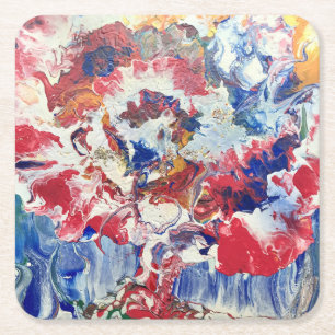 Blooming tree abstract red white blue yellow Bloom Square Paper Coaster