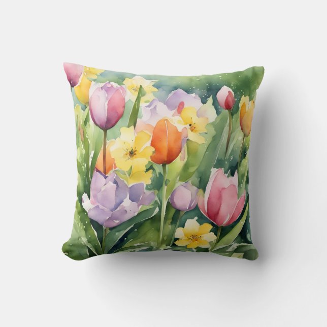 Blooming Tulips in watercolors Cushion (Front)