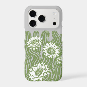 Blooming twisted cactus linocut print sage green
