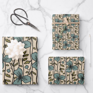 Blooming Vertical Garden Delight Teal Blue Flowers Wrapping Paper Sheet