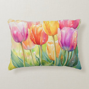 Blooming Watercolor Spring Tulip Garden Decorative Cushion