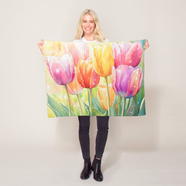 Blooming Watercolor Spring Tulip Garden Fleece Blanket (In Situ)