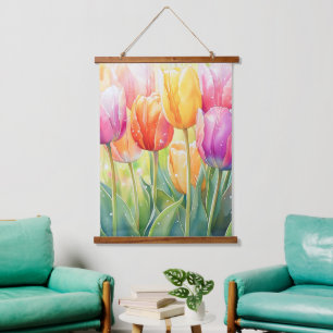 Blooming Watercolor Spring Tulip Garden Hanging Tapestry