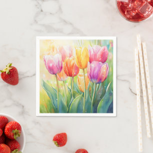 Blooming Watercolor Spring Tulip Garden Napkin