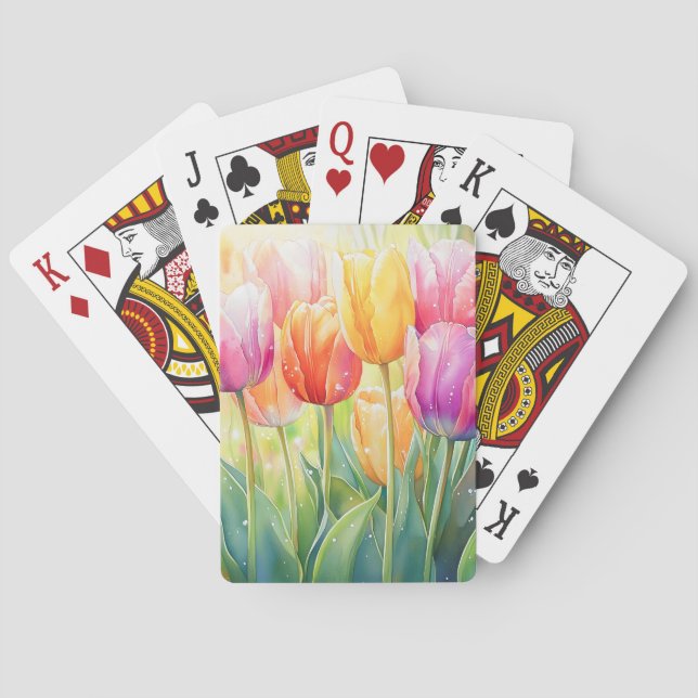 Blooming Watercolor Spring Tulip Garden Playing Cards (Back)