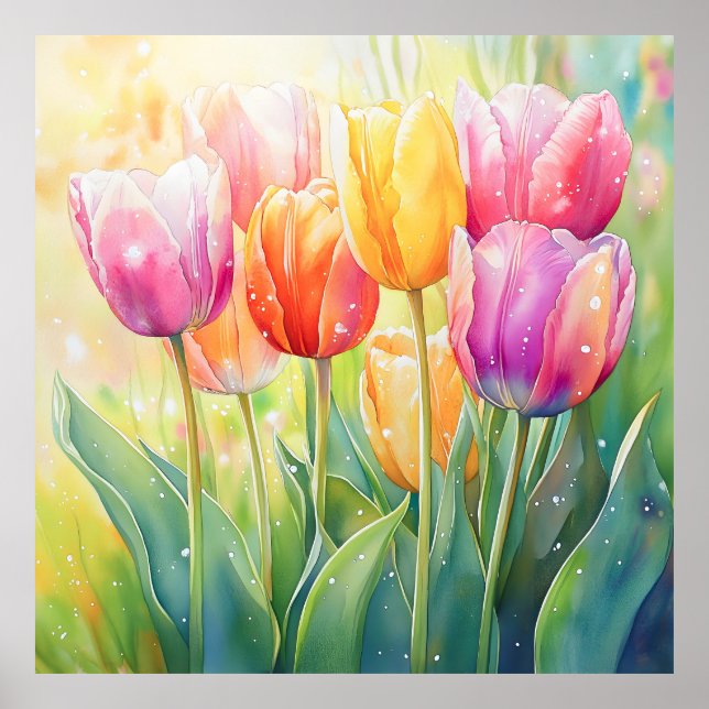 Blooming Watercolor Spring Tulip Garden Poster (Front)