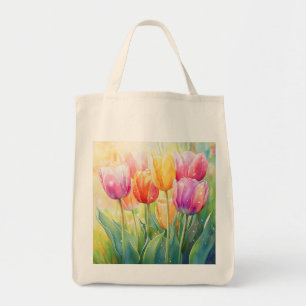 Blooming Watercolor Spring Tulip Garden Tote Bag