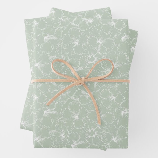 Blooming White Hibiscus Flowers on Sage Wrapping Paper Sheet (In situ)