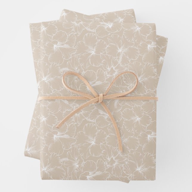 Blooming White Hibiscus Flowers on Taupe Wrapping Paper Sheet (In situ)