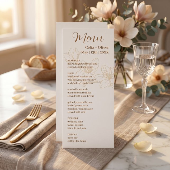Blooming with Love: Minimal White Wedding Menu wit (Minimal White Floral Wedding Menu Card with Elegant Blooming Design)