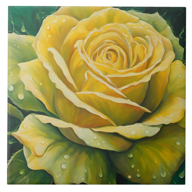 Blooming Yellow Rose with Water Drops  Ceramic Tile (Front)