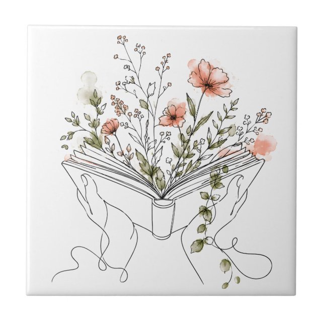 Blooms Book Botanical Line Art Ceramic Tile (Front)
