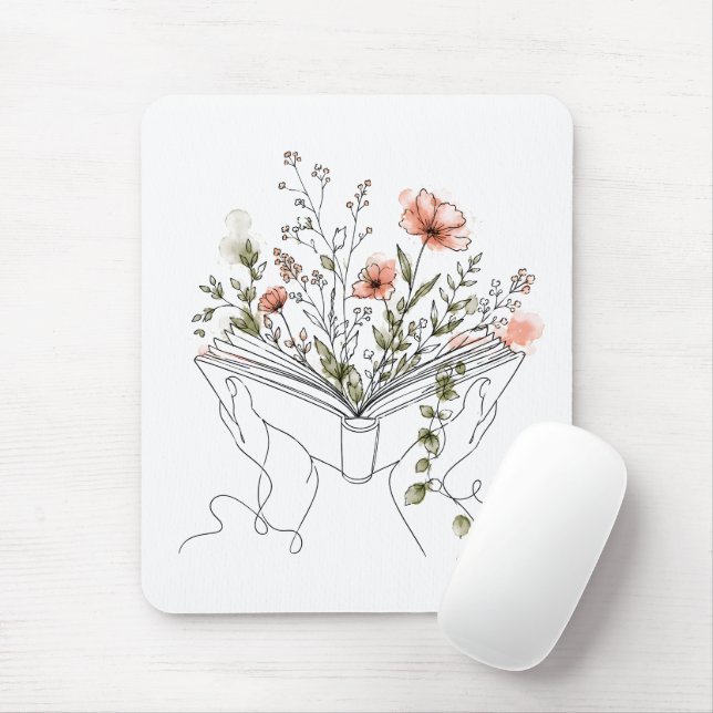 Blooms Book Botanical Line Art Mouse Pad (With Mouse)
