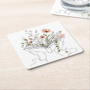 Blooms Book Botanical Line Art Square Paper Coaster
