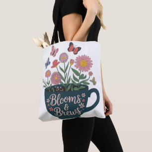 Blooms & Brews Design - Whimsical Floral Graphic Tote Bag