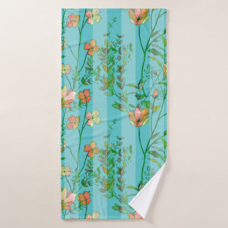 Blooms on Aqua Blue Striped Background Bath Towel