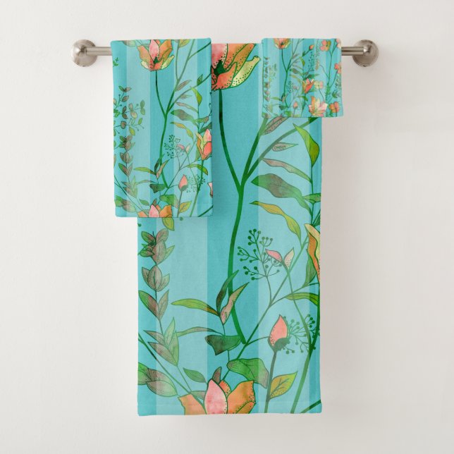 Blooms on Aqua Blue Striped Background Bath Towel Set (Insitu)