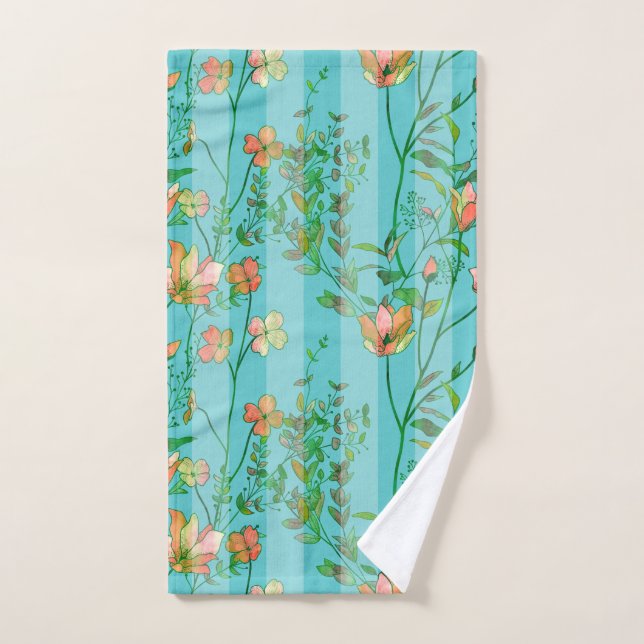 Blooms on Aqua Blue Striped Background Hand Towel (Hand Towel)