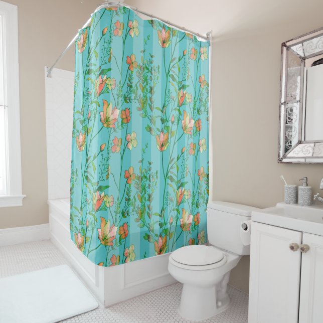 Blooms on Aqua Blue Striped Background Shower Curtain (In Situ)