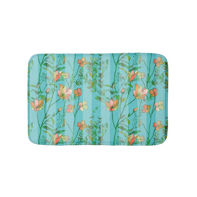 Blooms on Blue Striped Background Bath Mat (Front)