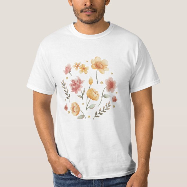 Bloomy flowers and leaves watercolor T-Shirt (Front)