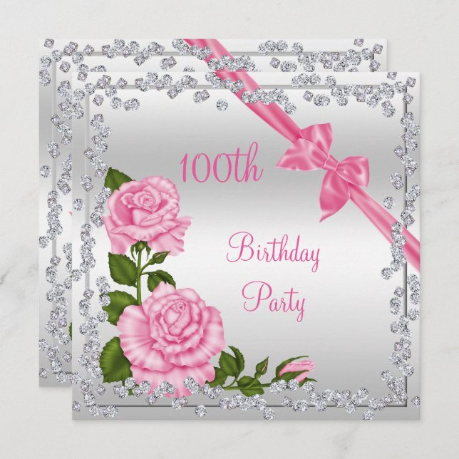 Blossom Bows & Diamonds 100th Birthday Invitation (Front/Back)