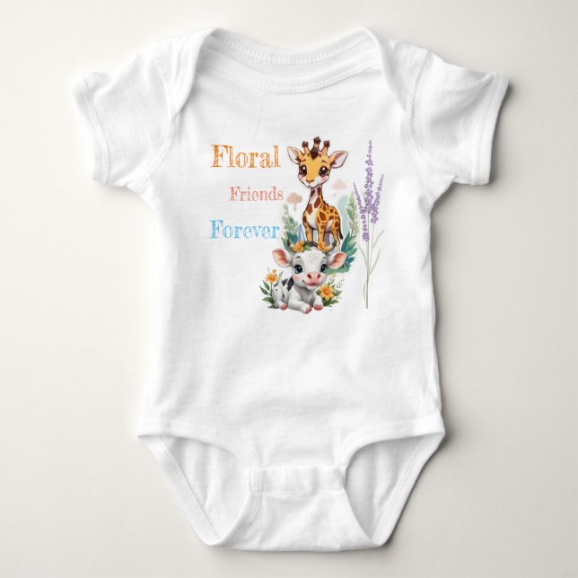 Blossom Buddies: Baby Giraffe and Cow with Flowers Baby Bodysuit (Front)