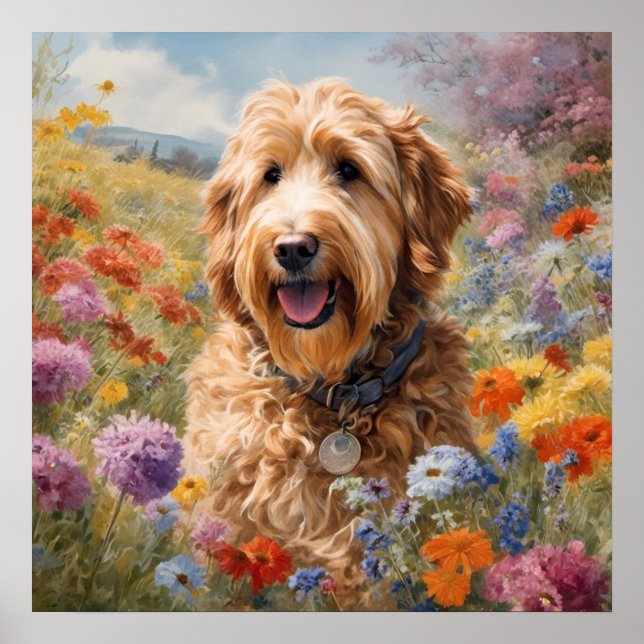Blossom Buddy: A Goldendoodle's Floral Paradise Poster (Front)