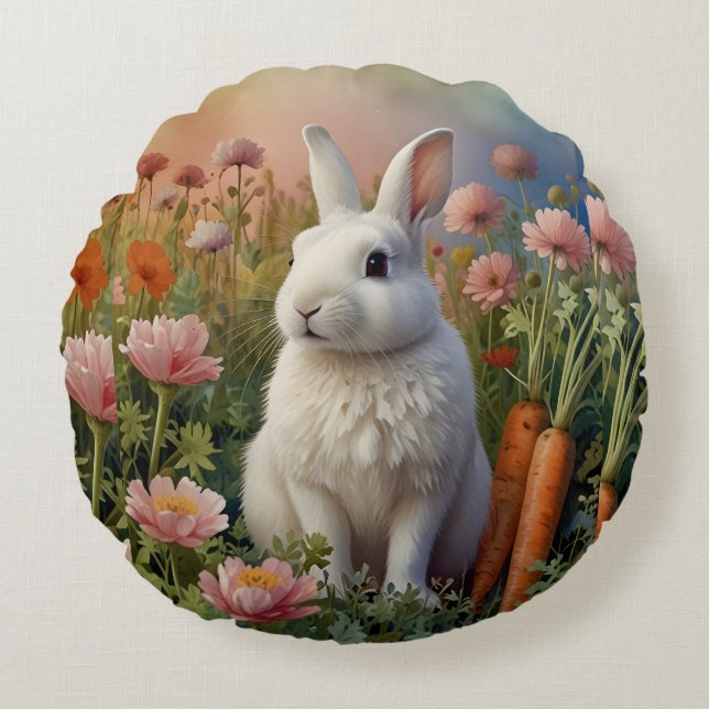 Blossom Bunny & Carrot Patch Round Pillow  (Front)