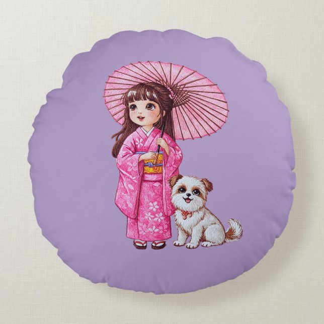 Blossom Companions: Kimono Girl & Puppy Round Pill Round Cushion (Front)