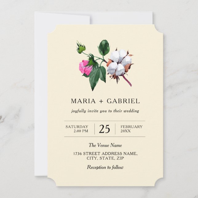Blossom cotton flower. Rustic botanical Wedding In Invitation (Front)