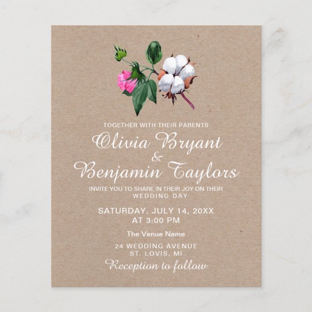Blossom cotton flower. Rustic Nature Kraft Wedding Flyer (Front)