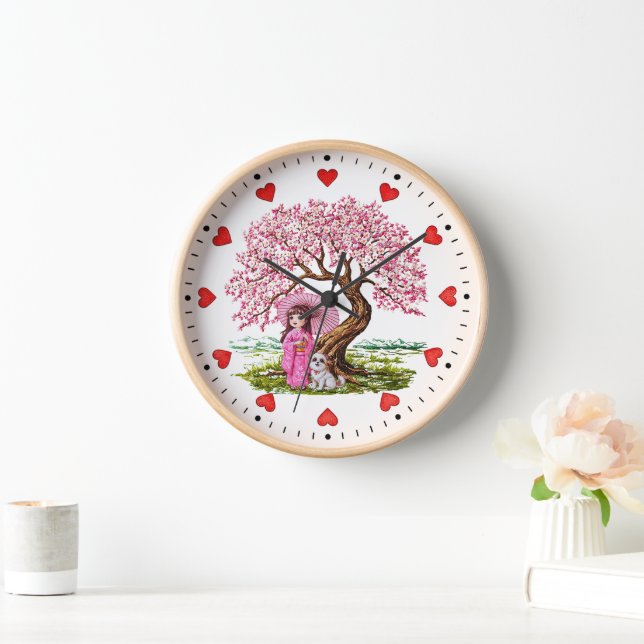 Blossom Dreams: Kimono Girl & Puppy Clock (Home)