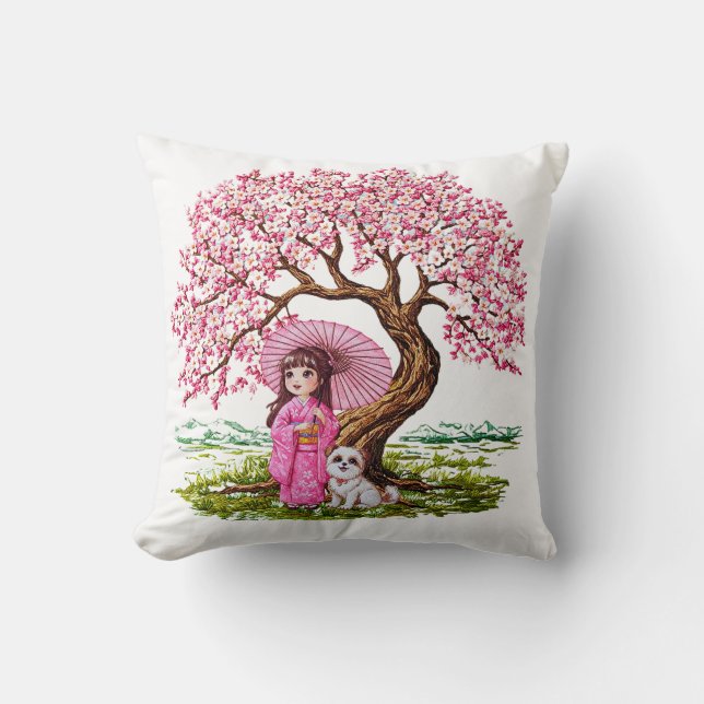 Blossom Dreams: Kimono Girl & Puppy Cushion (Front)