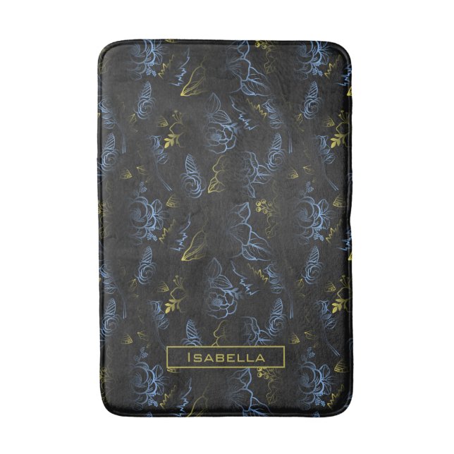 Blossom floral pattern gold blue personalised name bath mat (Front Vertical)