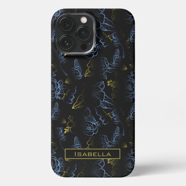 Blossom floral pattern gold blue personalised name iPhone case (Back)