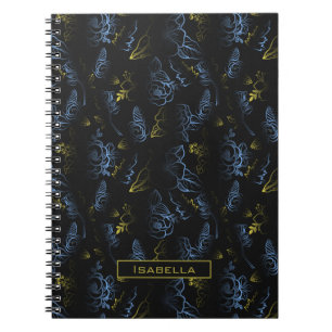 Blossom floral pattern gold blue personalised name notebook