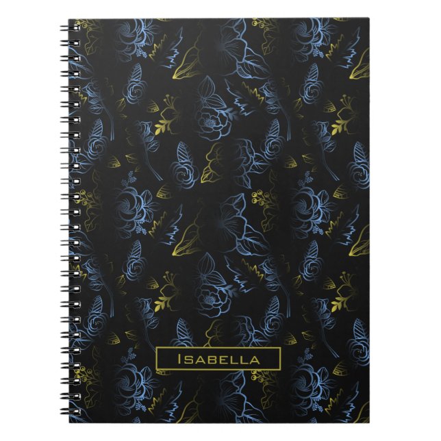 Blossom floral pattern gold blue personalised name notebook (Front)