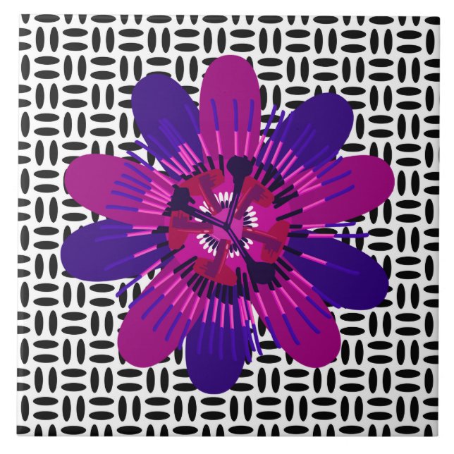 Blossom in Pink and Purple on Black and White Ceramic Tile (Front)