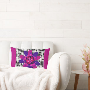 Blossom in Pink and Purple on Black and White Lumbar Cushion