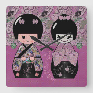 Blossom Kokeshi Square Wall Clock
