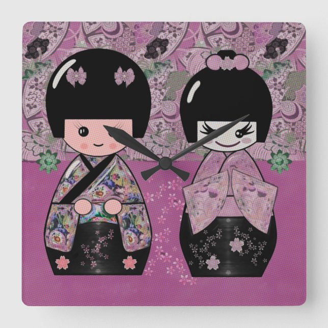 Blossom Kokeshi Square Wall Clock (Front)