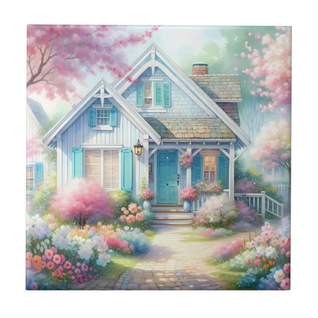 Blossom Lane Blue Cottage Garden Ceramic Tile (Front)