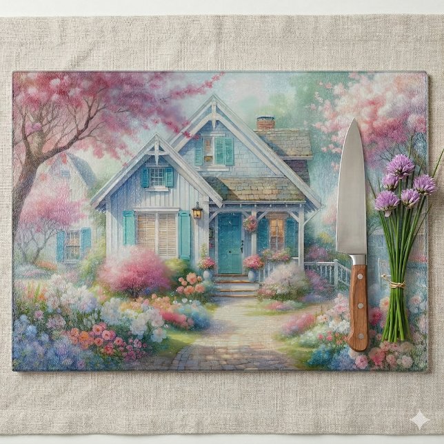 Blossom Lane Blue Cottage Garden Cutting Board (Blossom Lane Blue Cottage Garden Cutting Board On Linen Cloth)